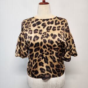 TCEC Leopard Puff Sleeve Satin Blouse Size S Cheetah Indie Office Siren Teacher